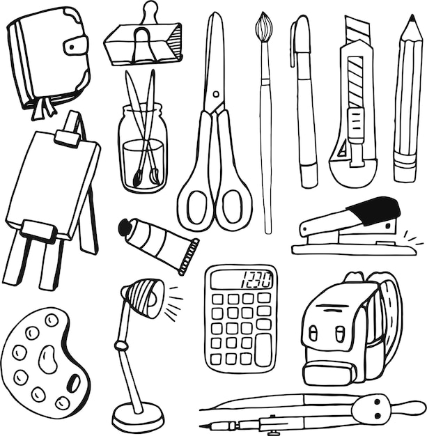学校とオフィスの文房具セット落書きペン鉛筆ノートとバックパック教育用品はさみ電卓ブラシと塗料のベクトル フラット アイコン