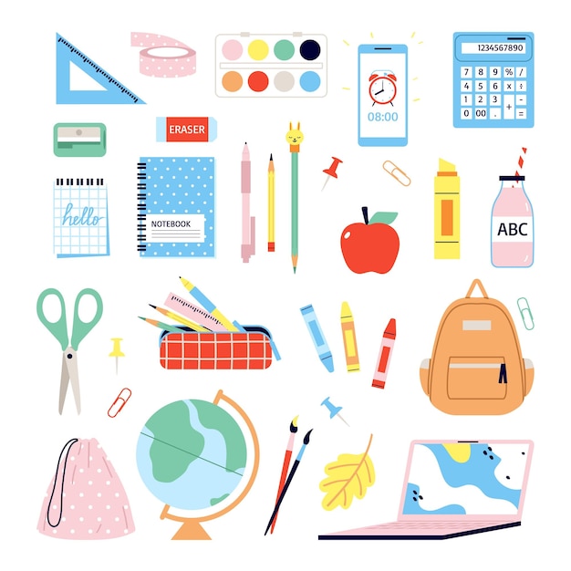 School and office stationery set education suppliesflat vector illustration on blue background