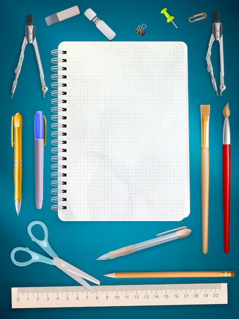 School office supplies on blue background.