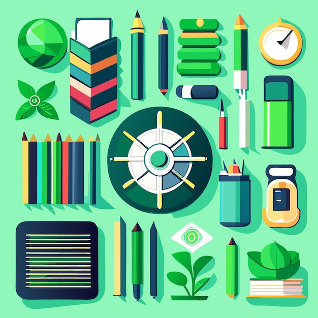 школьные и офисные принадлежности векторная коллекция канцелярских принадлежностей на зеленом фоне, таких как компас