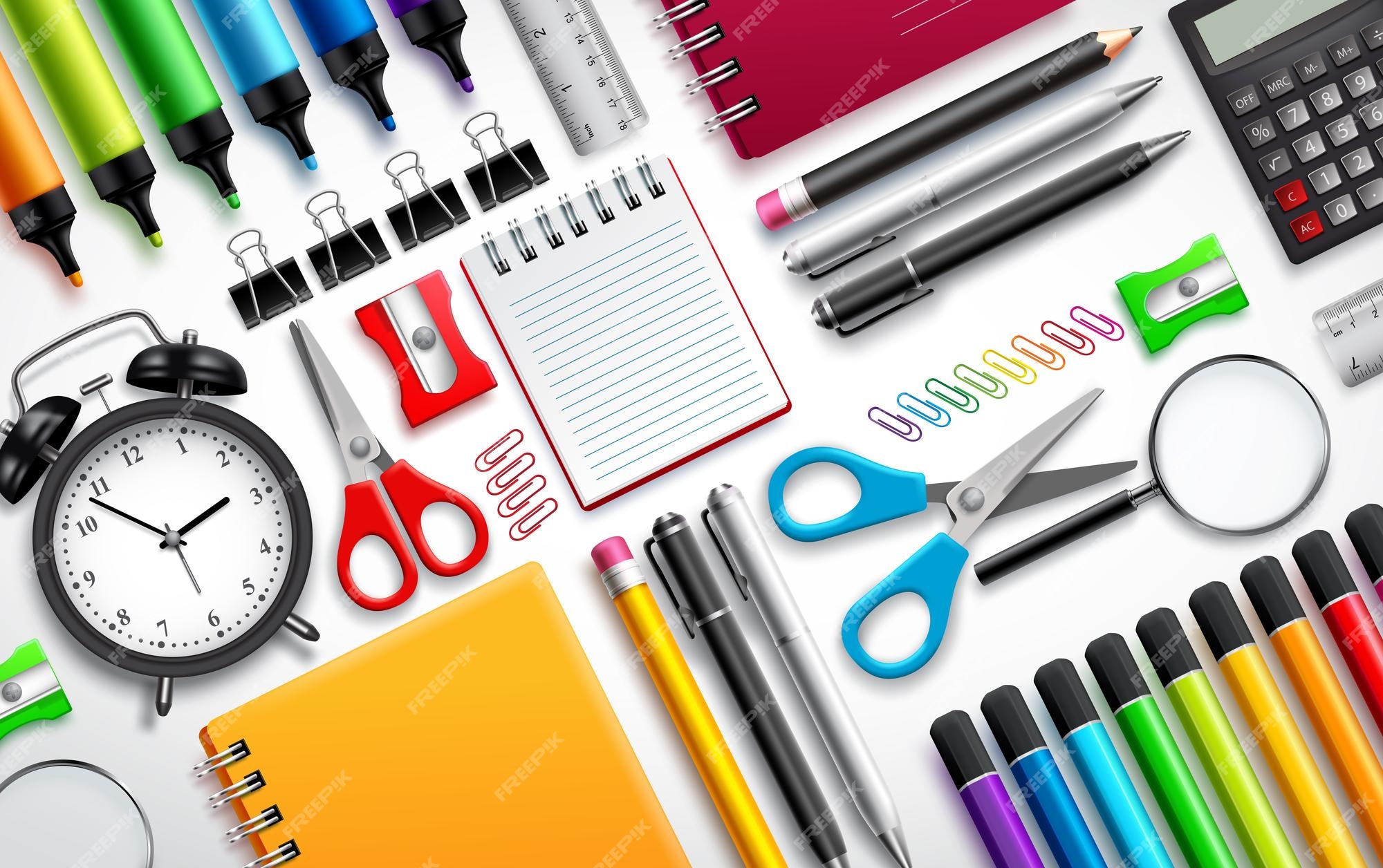 Premium Vector | School and office supplies vector set background with  colorful school items and stationery