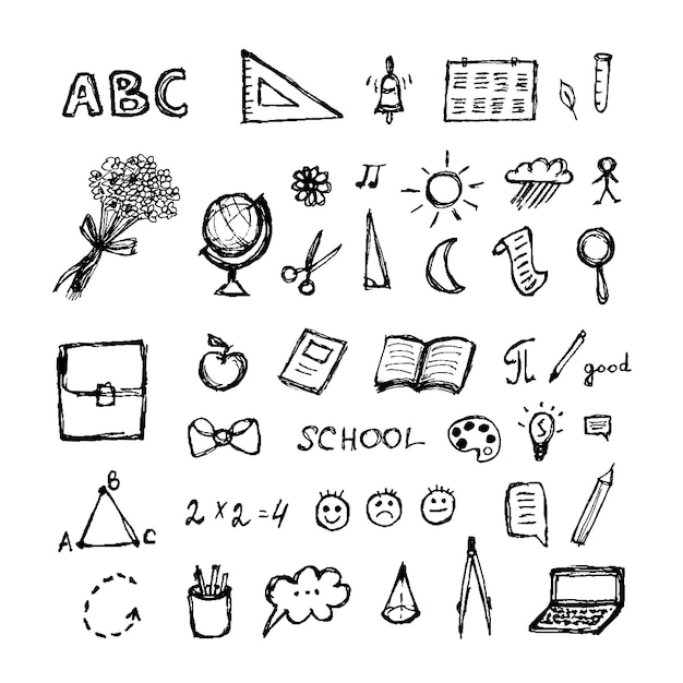 School Onderwijs doodles set Vector illustratie Zwarte krabbels op witte achtergrond