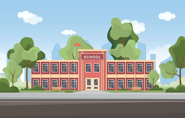 School onderwijs gebouw straat buiten landschap Cartoon afbeelding
