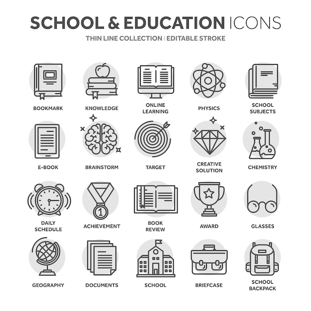 School onderwijs universiteit Studie leerproces Oline lessen tutorial Student kennis Geschiedenis boekThin line black web icon set Outline icons collectionCircle element