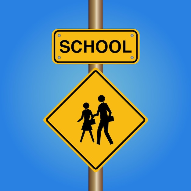 Vector school or pedestrian with child cross road sign board with metal pole