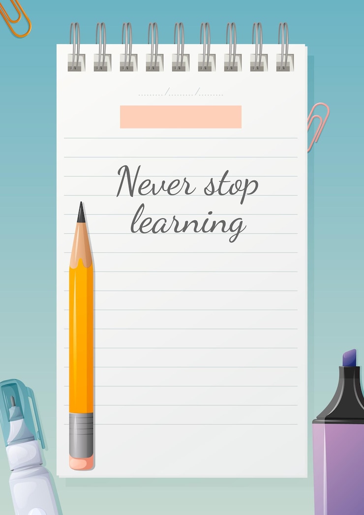 Vector school poster with motivational phrase never stop learning. notepad sheet with place for date