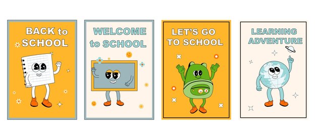 スクールポスターグルービーキャラクターセットY2Kの学校の要素を背景にした文具