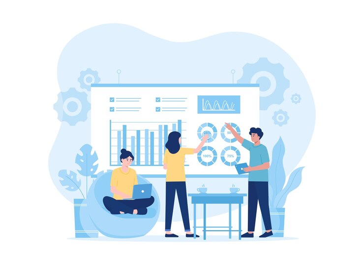 Vector school presentation with three students trending concept flat illustration
