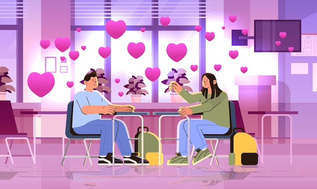 책상에 앉아있는 사랑에 빠진 학교 학생 초등 교육 학습 과정 행복한 발렌타인 데이 축제 개념 분홍색 심장을 가진 교실 인테리어