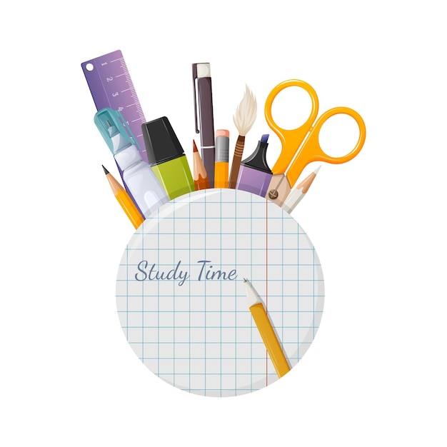 School round sticker, checkered notebook, study time text and pen. Stationery items. Vector