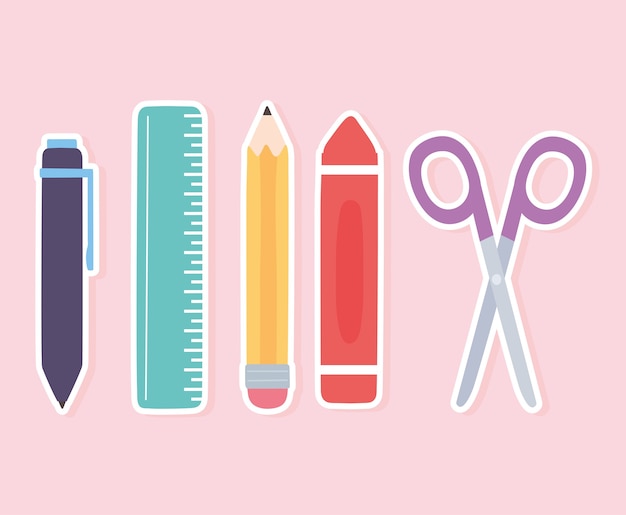 School ruler pencil scissors crayon pen supplies icons