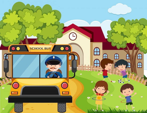 Scena della scuola con autista di autobus e bambini nel parco