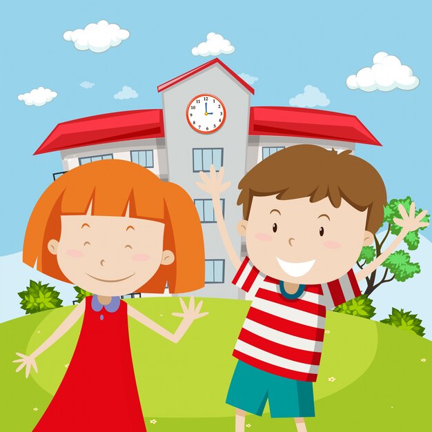 Vector school scene with two happy kids