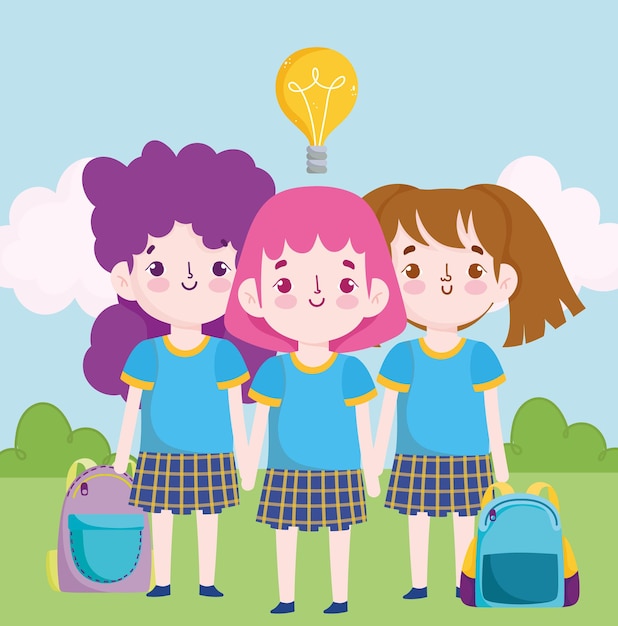 School schattig klein studenten meisje in uniforme cartoon afbeelding