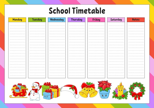 School schedule Timetable for schoolboys Empty template Weekly planer with notes cartoon character