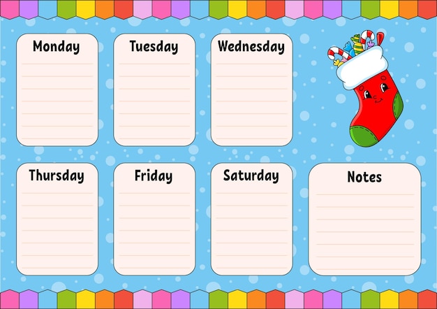 School schedule Timetable for schoolboys Empty template Weekly planer with notes cartoon character