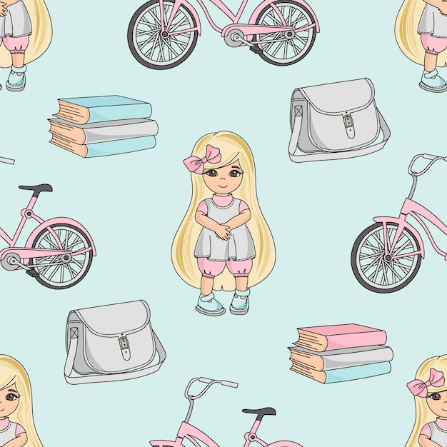 School seamless pattern color illustration school girl