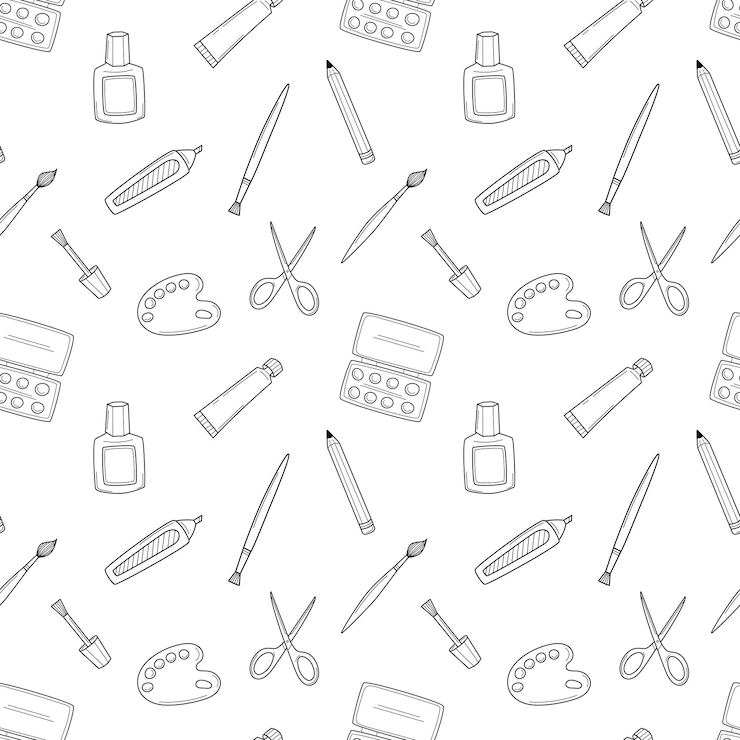 Школа бесшовные модели с художественными инструментами. Кисть, маркер, краска, палитра, карандаш. Черно-белый