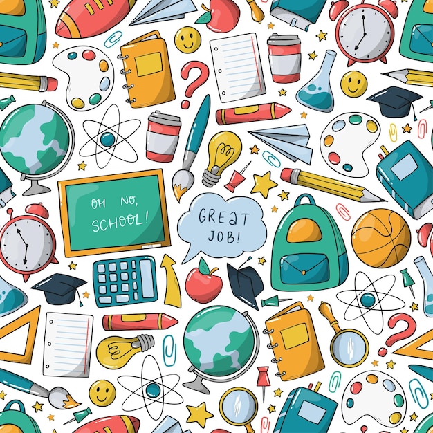 school seamless pattern with hand drawn doodles cartoon supplies on white background