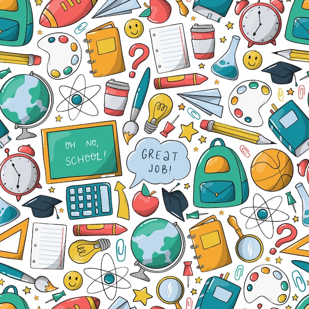 School seamless pattern with hand drawn doodles cartoon supplies on white background