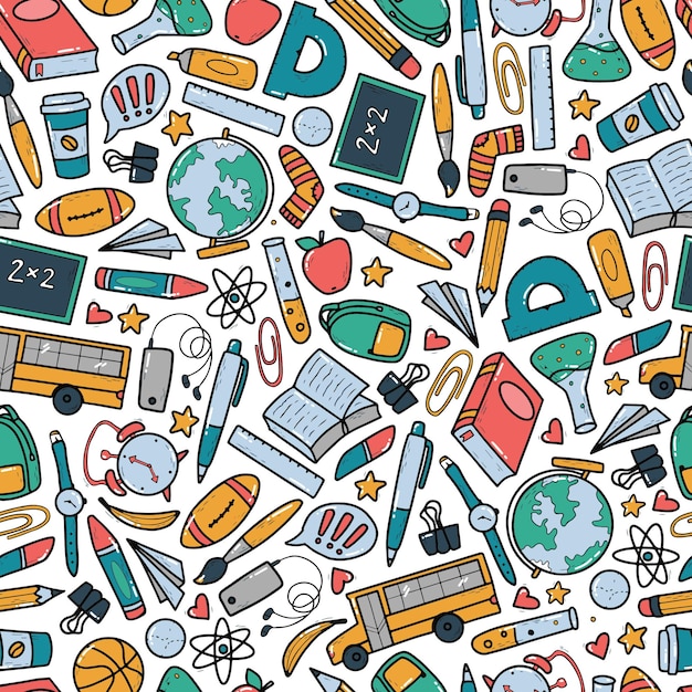 school seamless pattern with hand drawn doodles