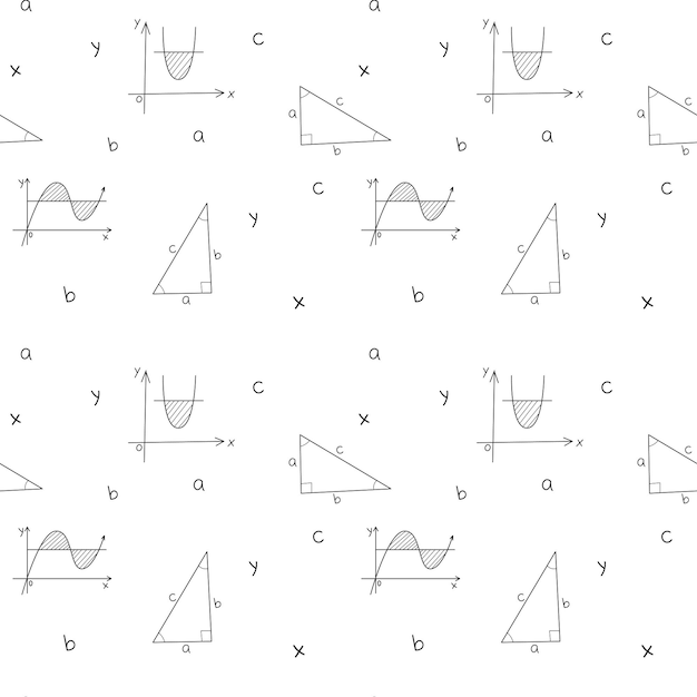 Un modello scolastico senza soluzione di continuità con grafici matematici, funzioni, triangolo, lettere abc. bianco e nero