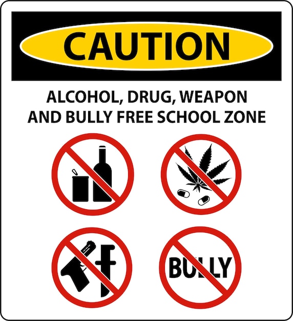 school security sign caution alcohol drug weapon and bully free school zone