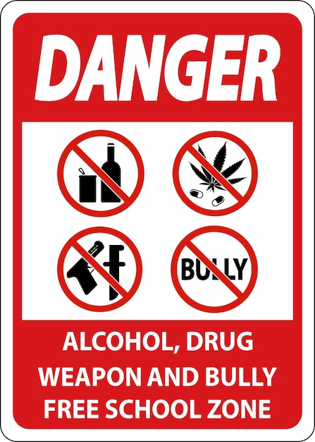 school security sign danger alcohol drug weapon and bully free school zone