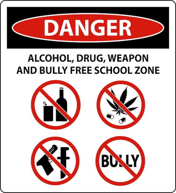 school security sign danger alcohol drug weapon and bully free school zone