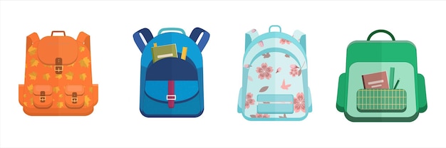 School set backpack Four rucksack orange dark blue green floral and leaf print