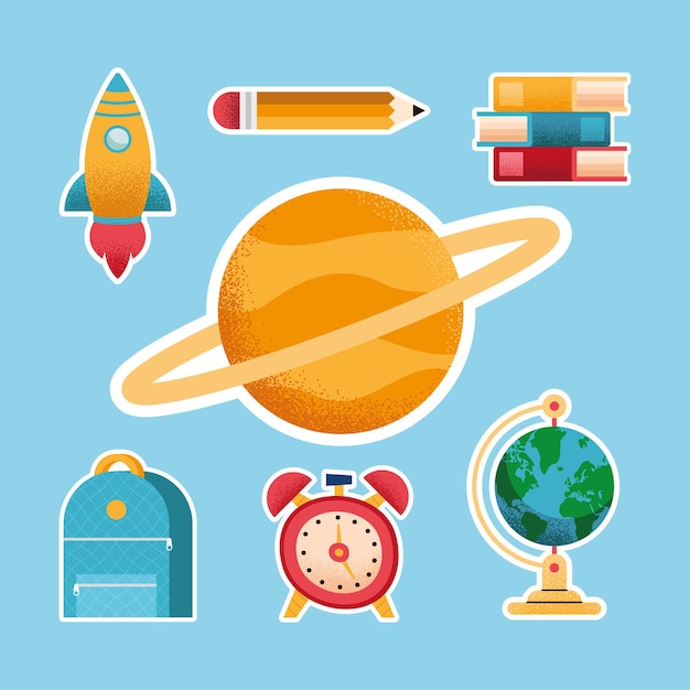 School seven supplies set icons