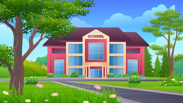 School on the side of the street with green lawn, bush and trees vector illustration