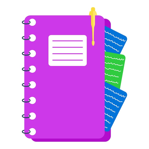 School spiral notebook with pen icon Vector flat illustration