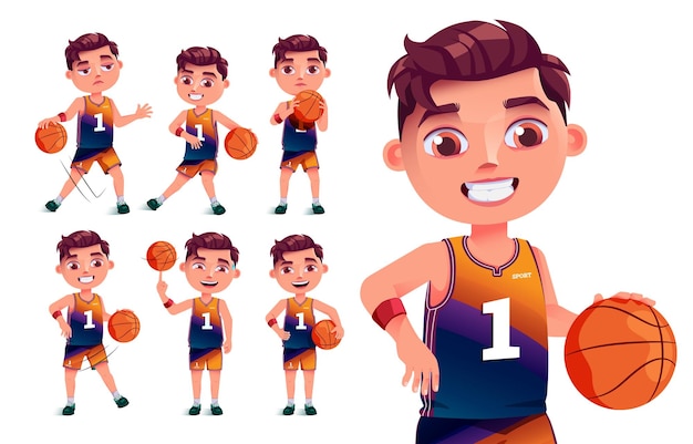 School sports character vector set design Sporty student boy playing basket ball in jersey activity