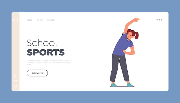 School sports landing page template little girl doing morning exercises wellness sport and healthy habits concept