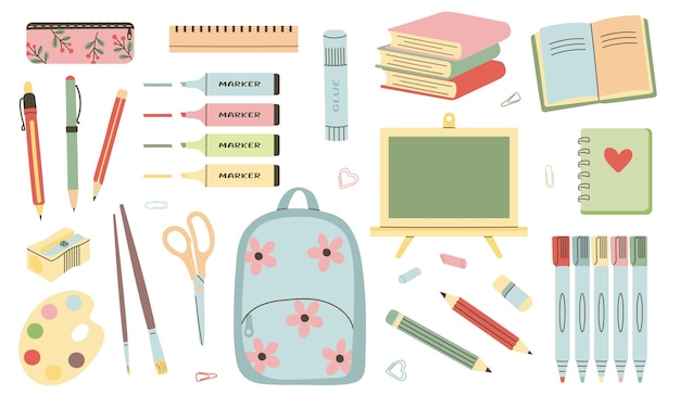 school stationery and art supplies set isolated on white school flat icons collection vector illustration