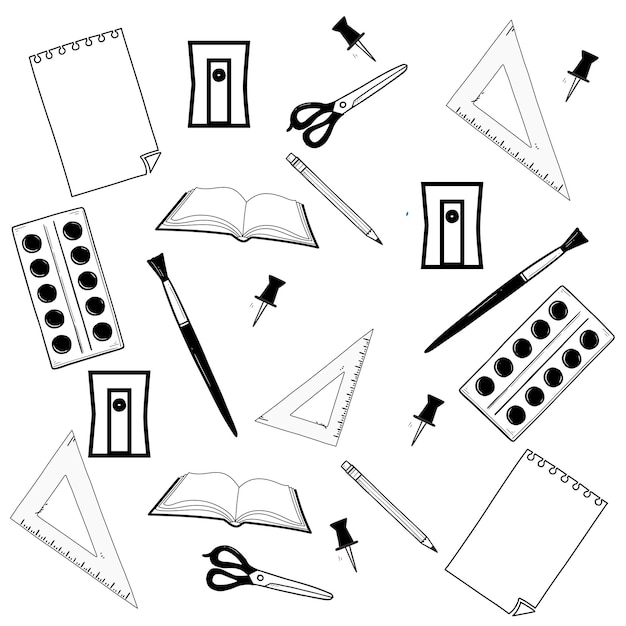 Vector school stationery elements black and white outlines stationery doodle seamless pattern