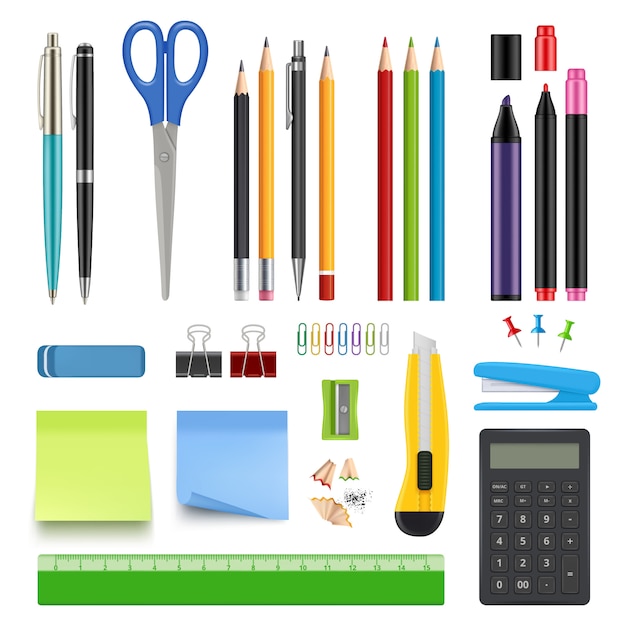 School stationery. Pencil sharp pen eraser calculator knife and stapler  realistic collection