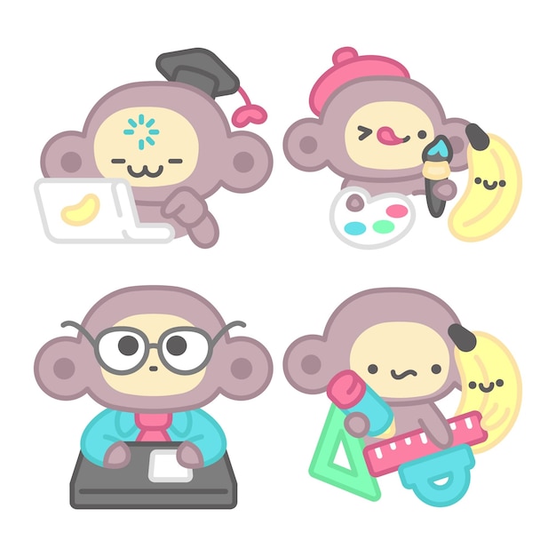 School stickers collection with monkey and banana