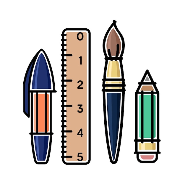 School student items pen pencil brush and ruler color isolated illustration in flat style