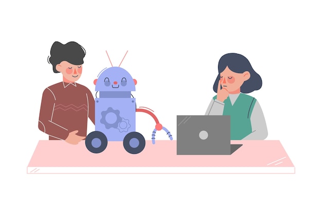将来のテクノロジーに取り組む男の子と女の子の教育プロジェクト 漫画スタイルのベクトルイラスト