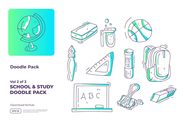 Illustrazione dell'icona del doodle della scuola e dello studio impostata con l'illustrazione vettoriale dello stile della linea di colore sfumato