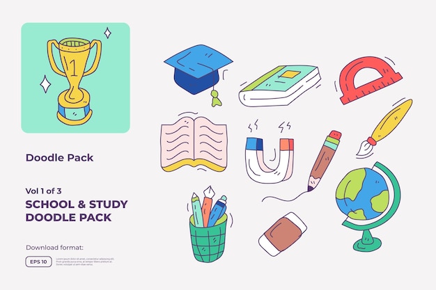 Vector school and study doodle icon set with fill color style hand drawn vector illustration