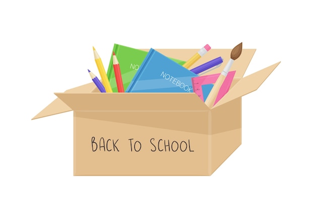 School stuff in cardboard box. Back to school concept. Donation box with stationery items