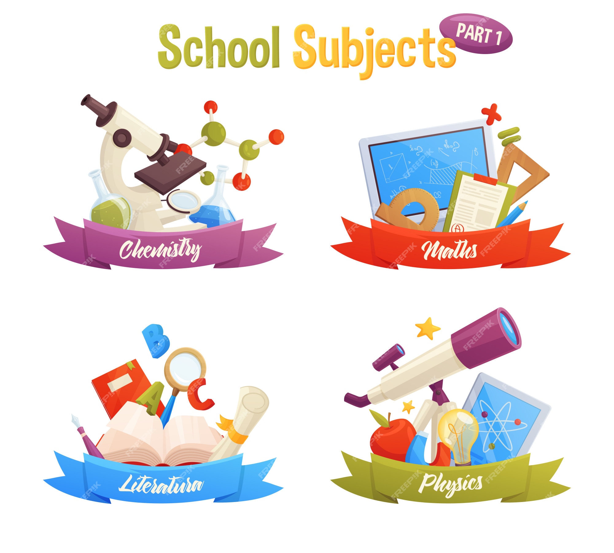 Premium Vector | School subjects set include vector cartoon elements: molecule, microscope, flask, computer, book, ruler, telescope, apple, pencil, magnet, light. maths, chemistry, literature, physics. Premium Vector | School subjects set include vector cartoon elements: molecule, microscope, flask, computer, book, ruler, telescope, apple, pencil, magnet, light. maths, chemistry, literature, physics.