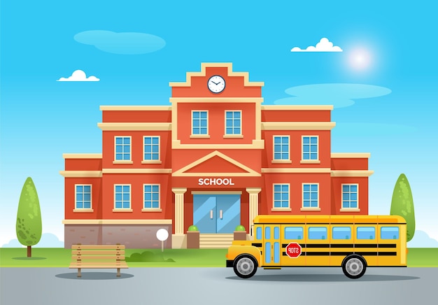 School on a summer day with a green lawn and blue sky. a school yellow bus stands in front of the school on the asphalt road flat illustration