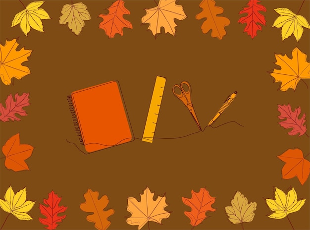 School supplies are drawn in one line on a background with autumn leaves