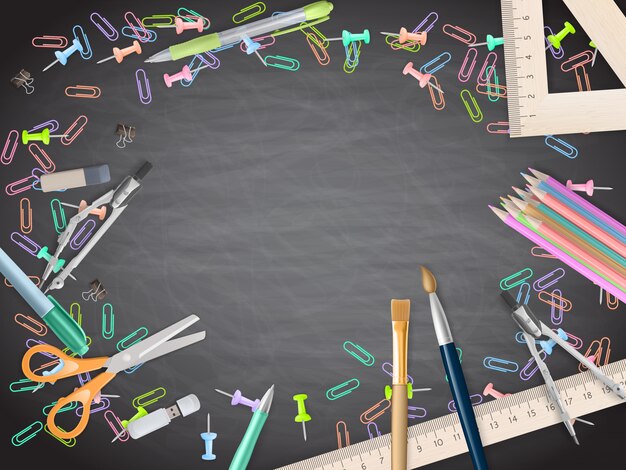 Vector school supplies on blackboard background.