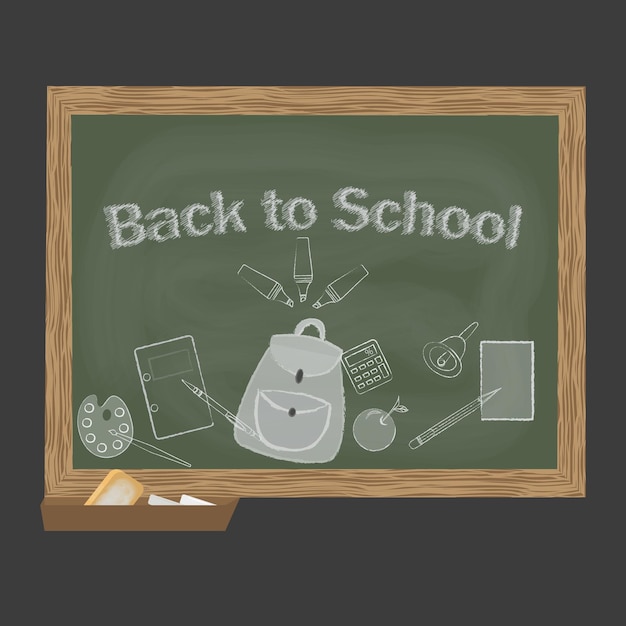 School supplies on chalkboard background back to school