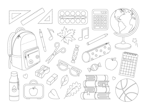 Vector school supplies coloring page stationery for study outline set coloring book for print